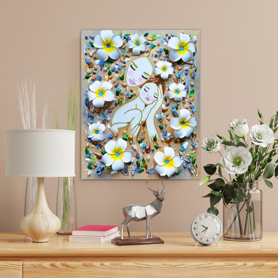 Mother Earth and baby. Summer floral woman with white flowers