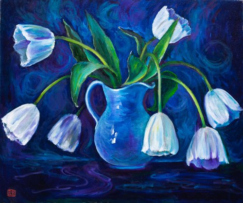 White Tulips In A Jug by Liudmila Pisliakova