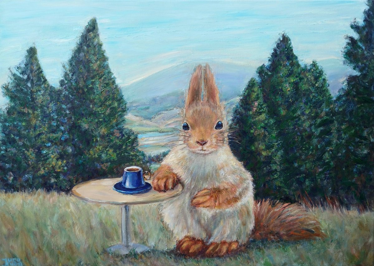 Photorealistic Animal Oil Painting By Jura Kuba Art, 28 X 20", Squirrel In The Canadian Landscape, Original Artwork