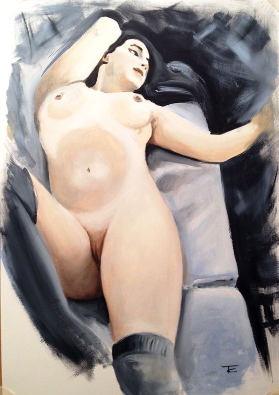 Black hair- original oil painting on paper female nude- 42 x 59 (17' x 23')