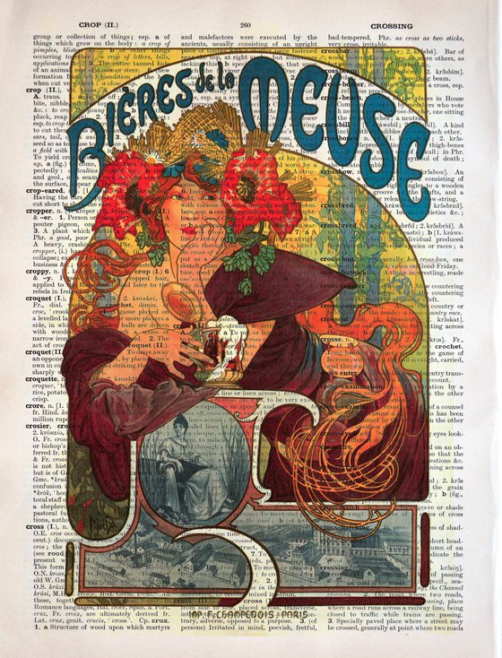 Bieres de la Meuse - Collage Art Print on Large Real English Dictionary Vintage Book Page