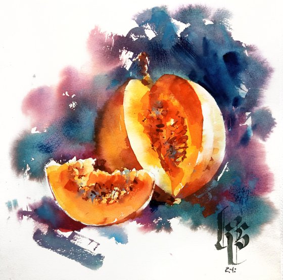 "Still life with pumpkin" expressive original watercolor artwork in square format