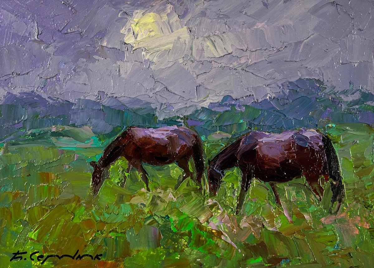 Horses Grazing Peacefully By Boris Serdyuk, 10 X 7, Artwork For Sale On Artfinder