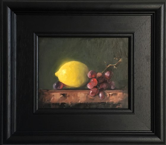 Lemon & Red Grapes; Classical still life oil painting.
