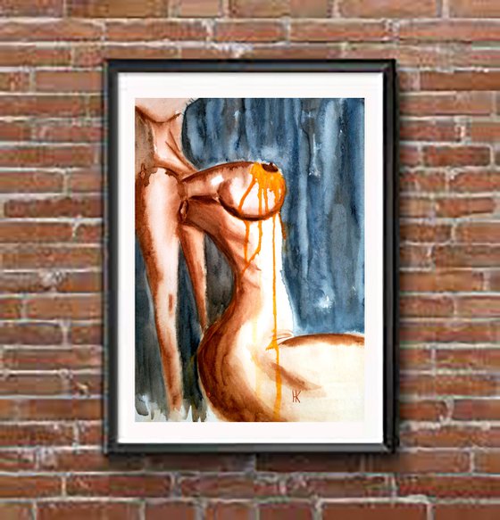 Nude Painting Woman Original Art Female Sitting Nude Watercolor Woman's Breast Small Erotic Home Wall Art 12 by 17" by Halyna Kirichenko