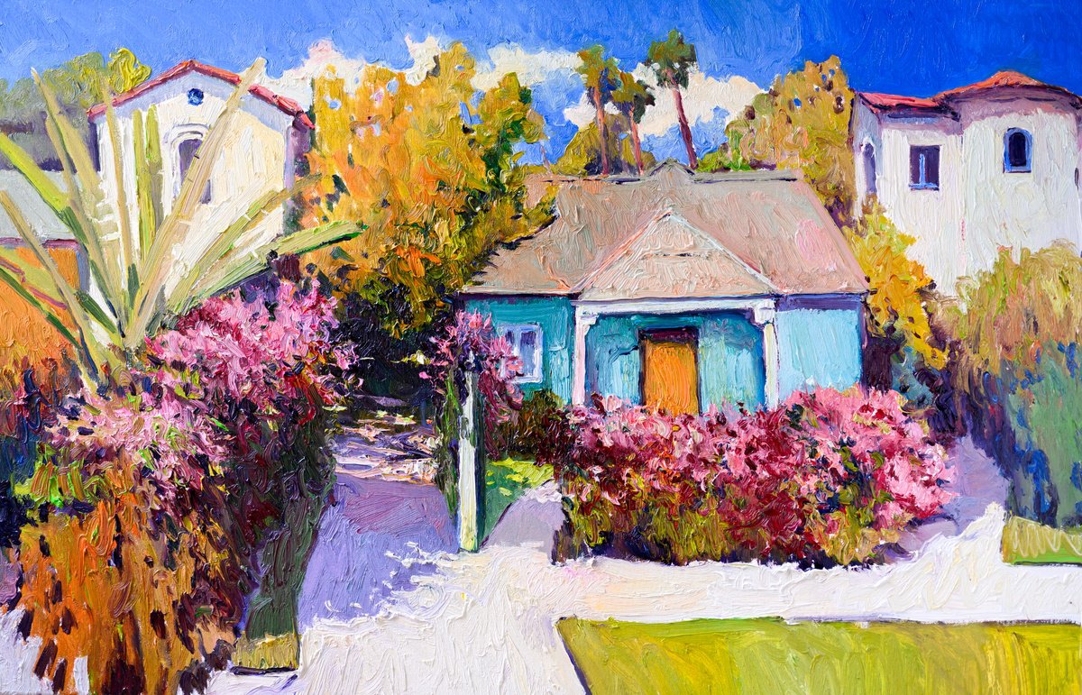 Expressive Landscape Oil Painting By Suren Nersisyan, 36 X 24", Houses In Hollywood, Original Artwork