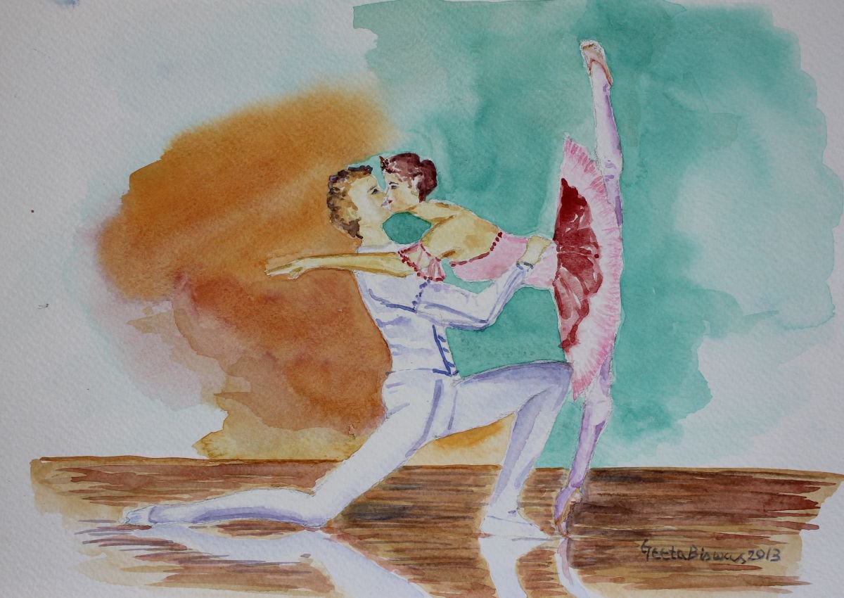 A Kiss In Ballet, romantic dance form, conceptual art, watercolor, gift by Geeta Yerra