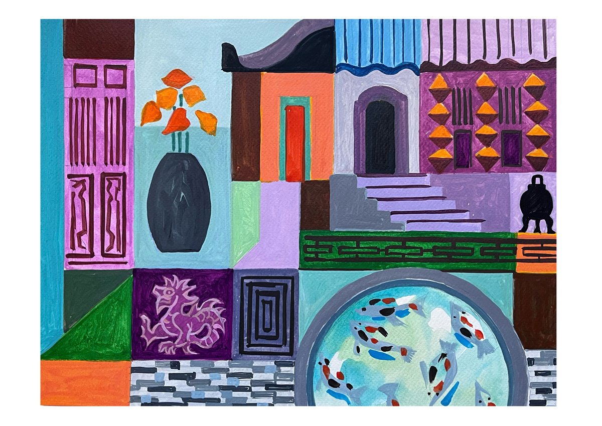 Urban And Pop Cityscapes Acrylic Painting By Andre Baldet, 17 X 12, Vietnam_Hue-04, Original Artwork