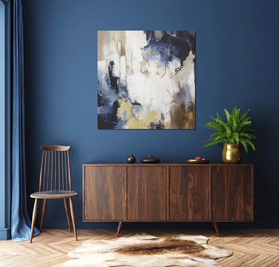 "Blue Flood" Abstract navy blue white art