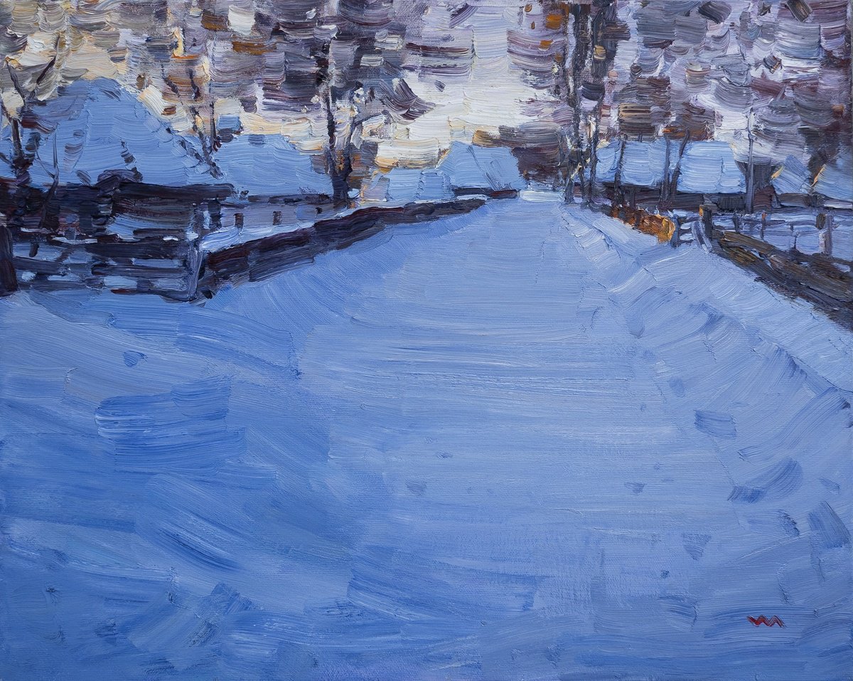 Impressionistic Landscape Oil Painting By Vasyl Moldavchuk, 20 X 16", Frosty Evening, Original Artwork
