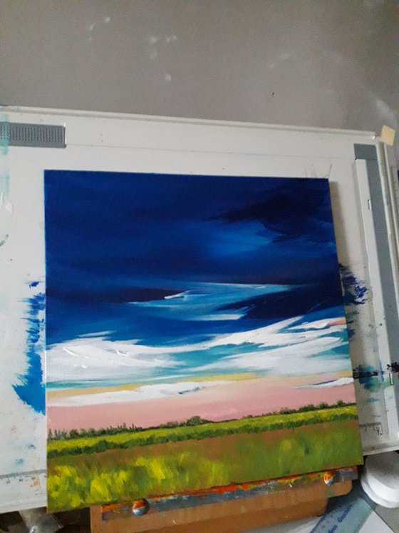 Original acrylic landscape and sky scape painting; Sunset over Hay bales