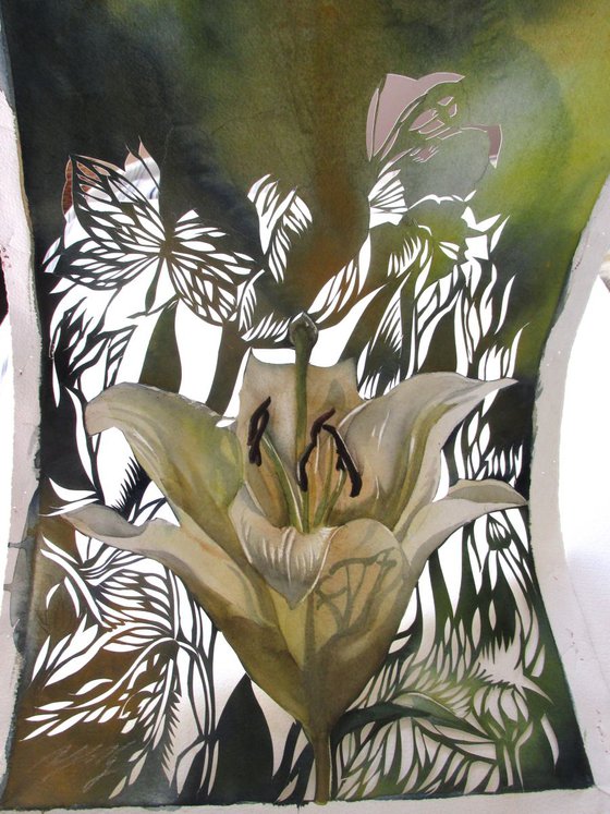 spring green tulip watercolor with paper cut