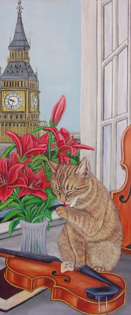 Enjoying the view, Ginger cat and two violins by Sofya Mikeworth
