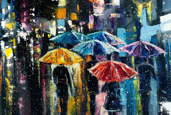 "Street of the night city" people with umbrella , original oil painting