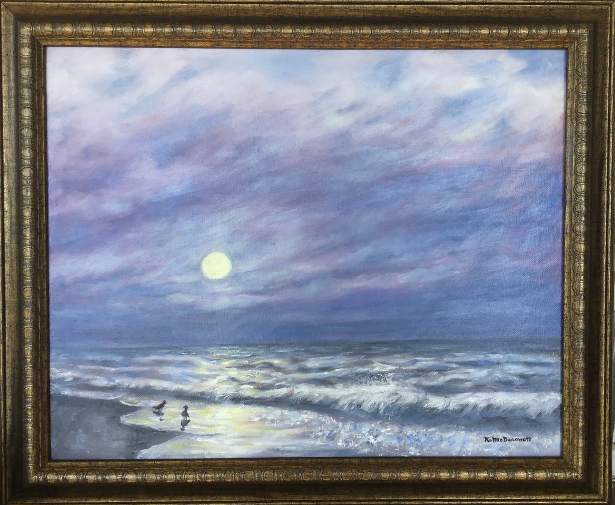 Impressionistic Landscape Oil Painting By Kathleen Mcdermott, 24 X 20", Breakers And The Rising Moon, Original Artwork