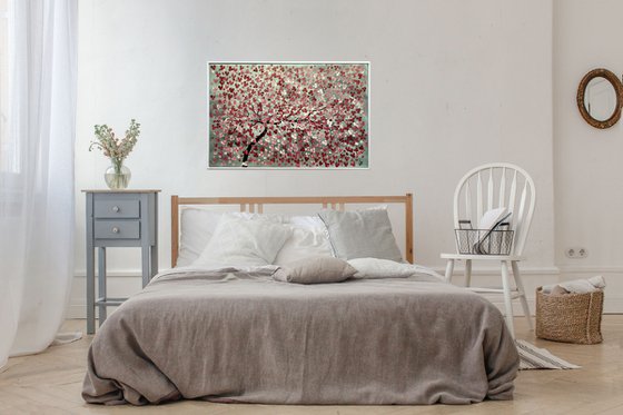 Romantic  acrylic abstract painting cherry blossoms nature painting framed canvas wall art