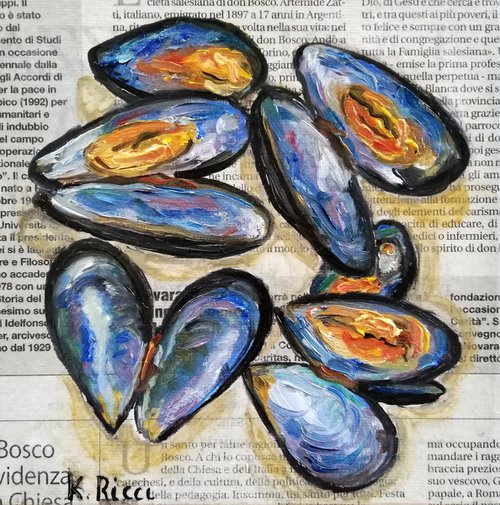 "Mussels on Newspaper" Original Oil on Canvas Board Painting 6 by 6 inches (15x15 cm) by Katia Ricci