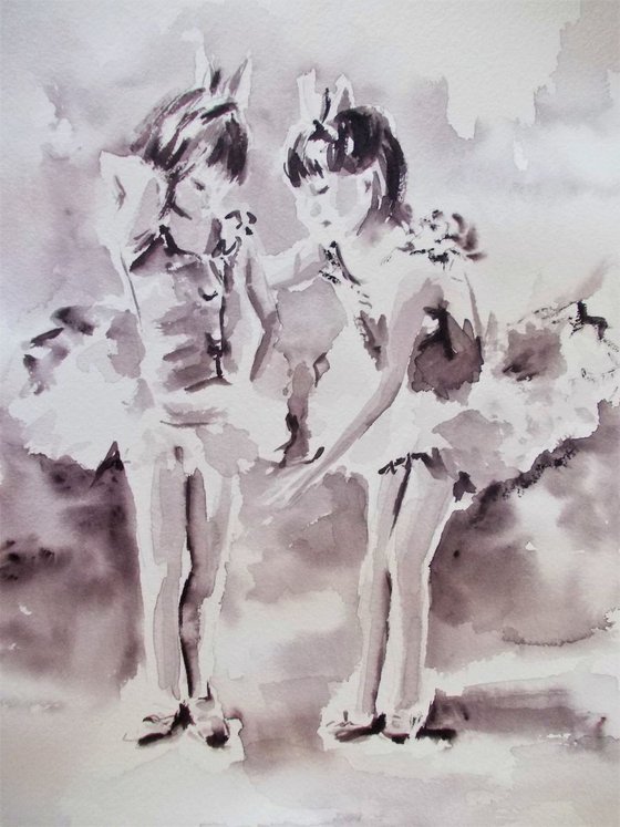 Two Little Ballerinas - Original ballet watercolor painting