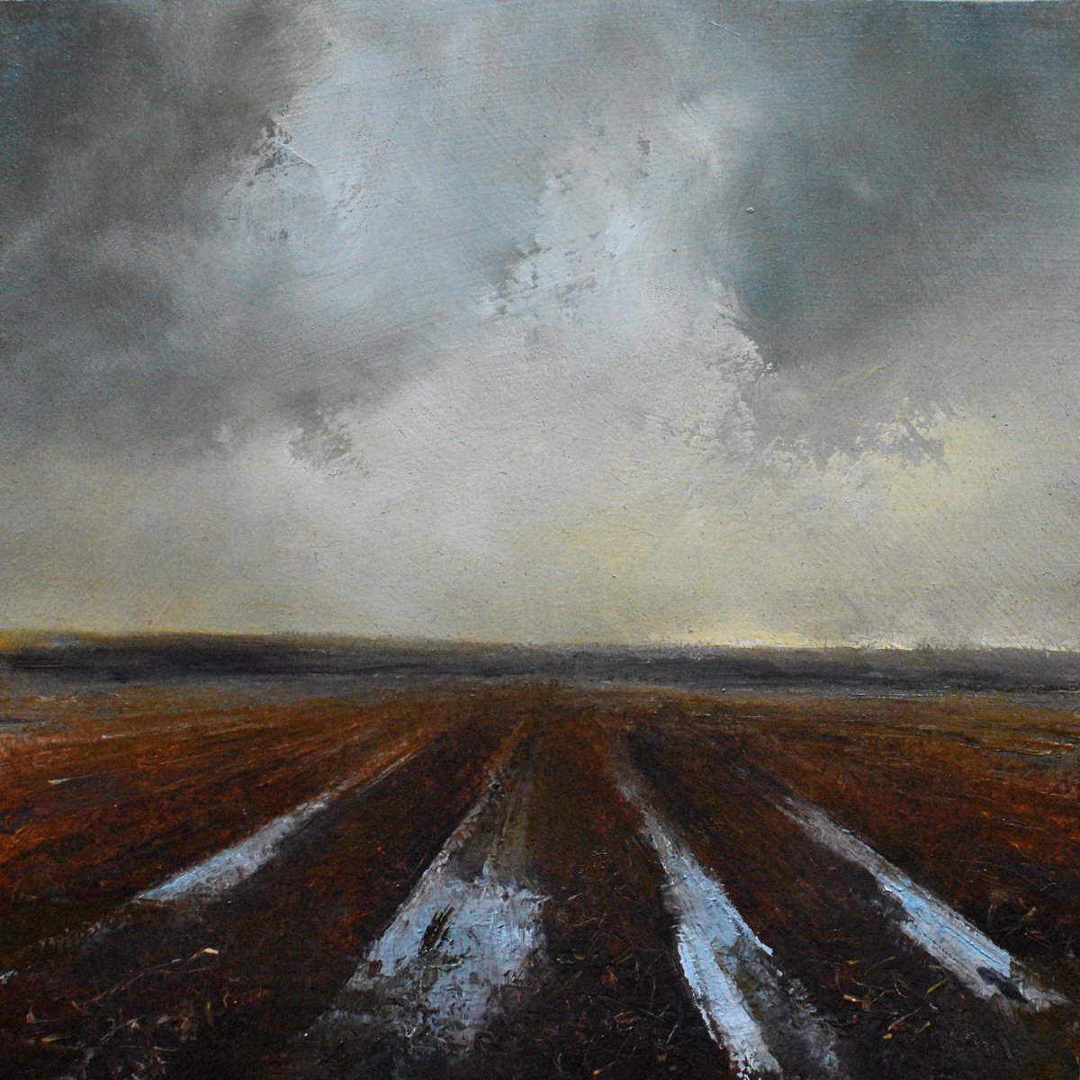 Expressive Landscape Oil Painting By Colin Slater, 8 X 8, Ploughed Field #3, Original Artwork
