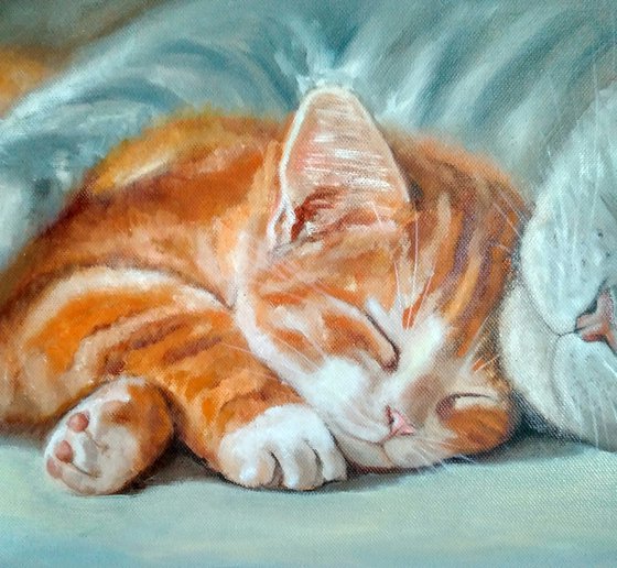 Sleeping Cat With Tawny Kitten Original Oil Painting Pet Portrait Animalism. 50x35 cm, ready to hang