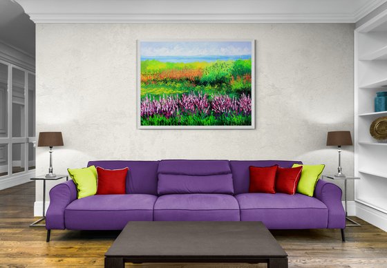 Flowers paradise. Green landscape original oil painting on canvas
