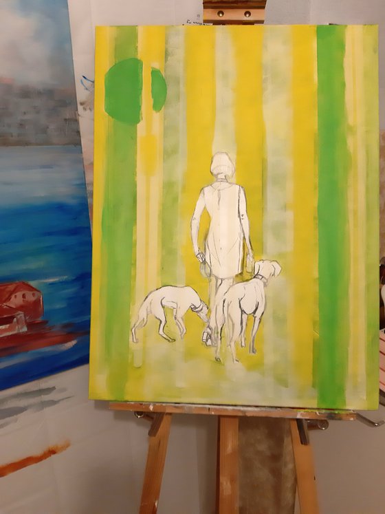 "Lady with dogs",  original acrylic painting, 60x80x2cm