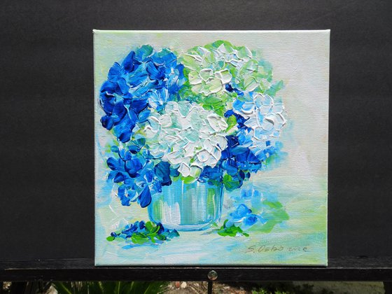 White and Blue Hydrangea Small Painting on Canvas