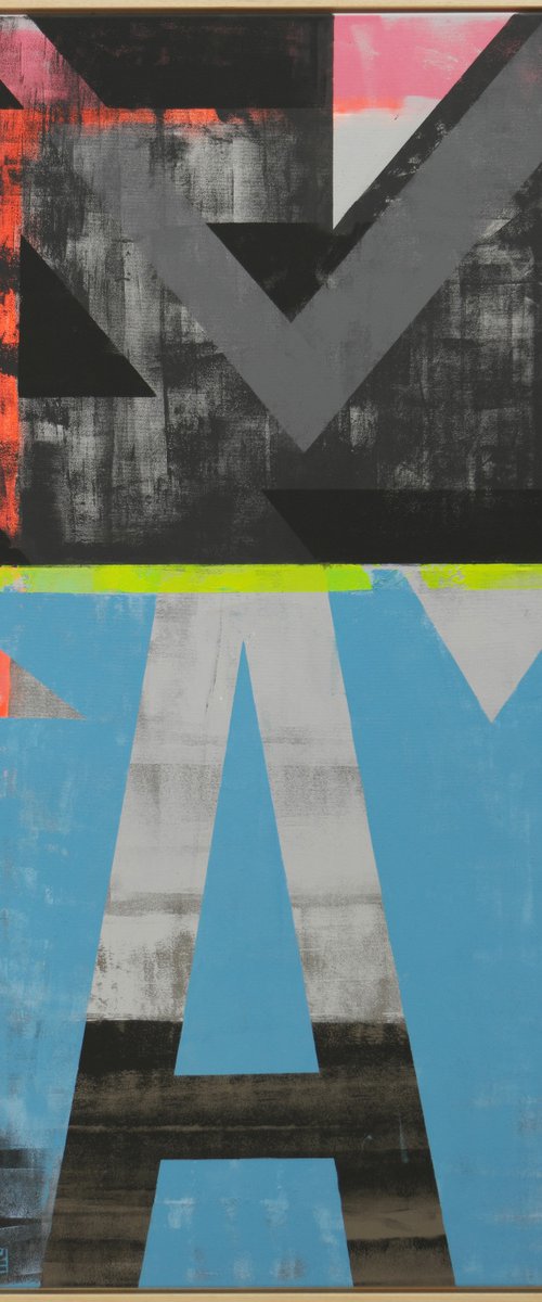 Large Abstract Painting - Vintage Typopop in Blue  & Yellow - Incl Frame - 75x145cm - 16M by Ronald Hunter