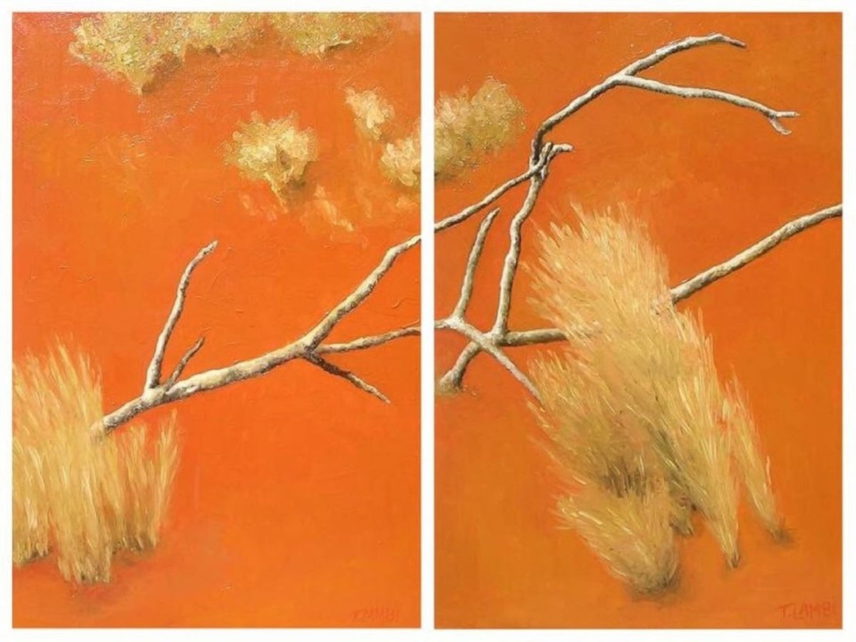 Photorealistic Landscape Oil Painting By Trisha Lambi, 47 X 35", Uprooted Diptych, Original Artwork