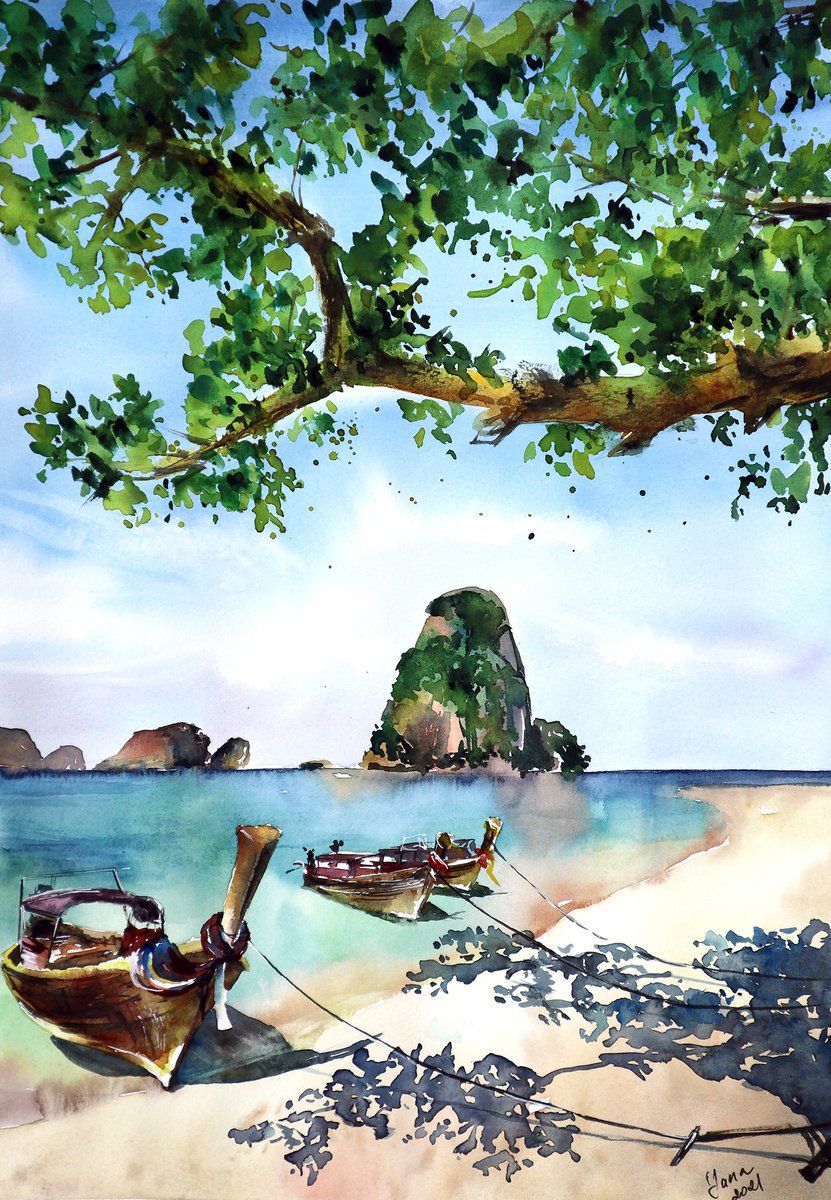 ORIGINAL Watercolor Painting of Thailand - Exotic Nature - Tropical Landscape - Ocean Palm... by Yana Shvets