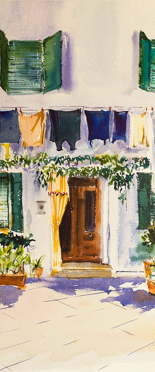 Venice. Burano. Big format watercolor urban landscape Mediterranean italy sea bright architecture old travel by Sasha Romm