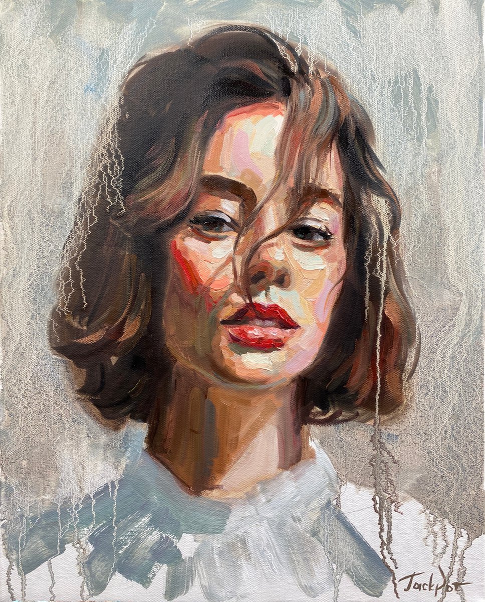Woman oil portrait face artwork original wall art above sofa art by Evgeny JackPot by Evgeny Potapkin