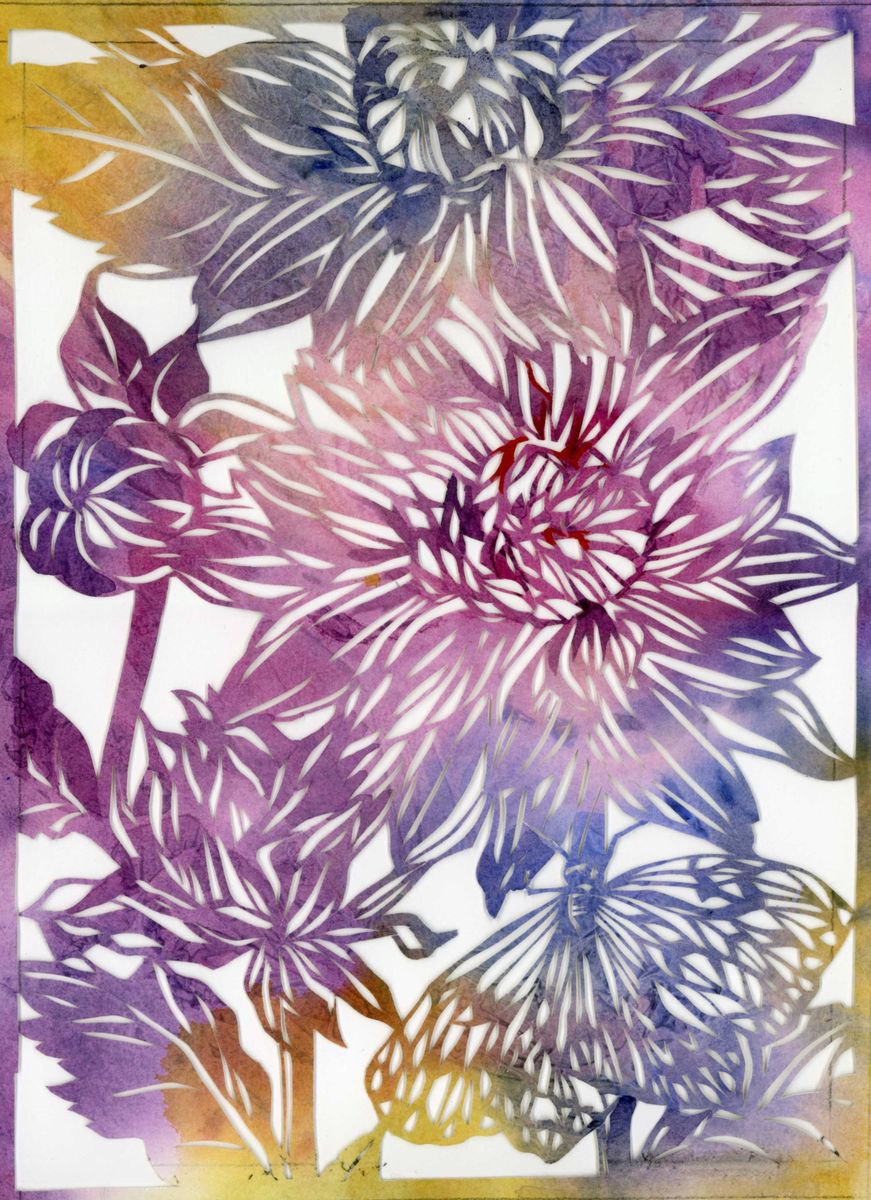 Illustrative Botanical Watercolour By Alfred Ng, 9 X 12, Butterfly With Dahlia, Watercolor Paper Cut, Original Artwork