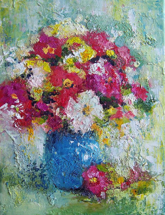 Impressionist flowers in vase 1, abstract flowers , acrylic on canvas