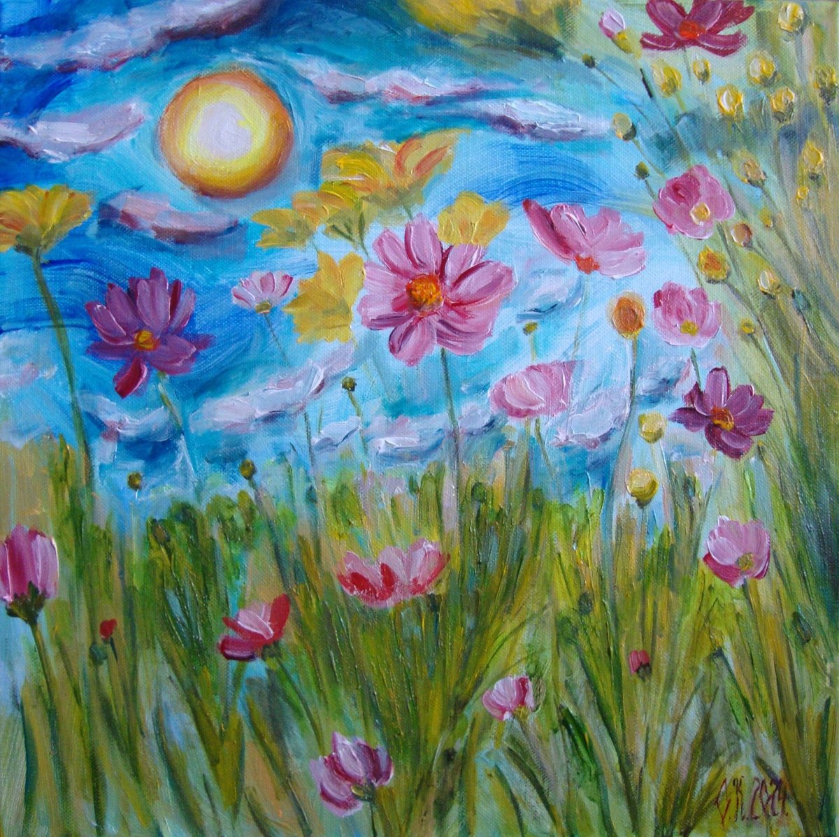 Impressionistic Botanical Oil Painting By Olga Knezevic, 16 X 16", Sunny Garden, Original Artwork