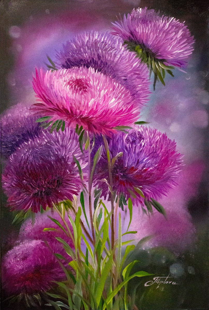 Photorealistic Botanical Oil Painting By Tetiana Tiplova, 16 X 24", Purple Asters, Original Artwork