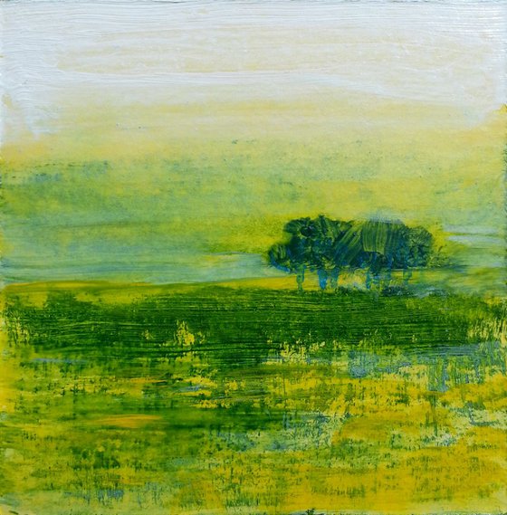The lonely trees in the mist Poetic landscape - miniature green yellow affordable low price deco design