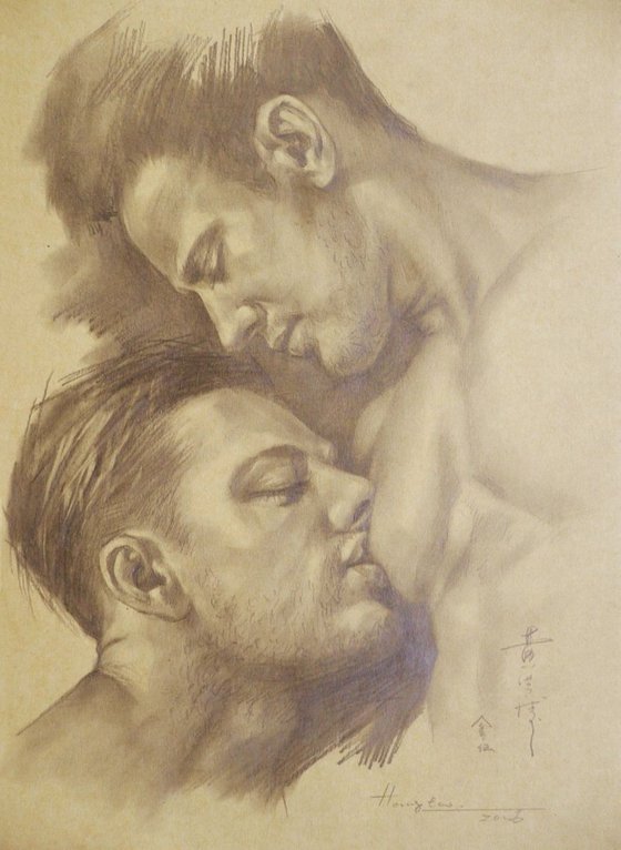 Original drawing pencil male nude gay interest men on brown paper#16-6-4