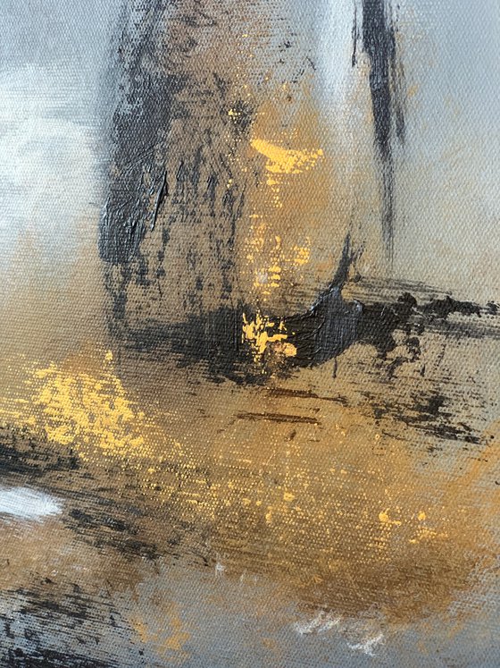 Abstraction in gray, gold and blue tones.