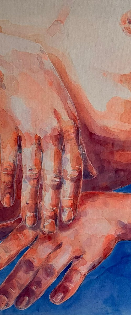 Two hands with blue background by Alina Lobanova