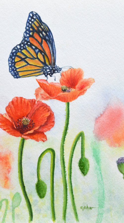 Monarch butterfly with poppies by Neha Soni