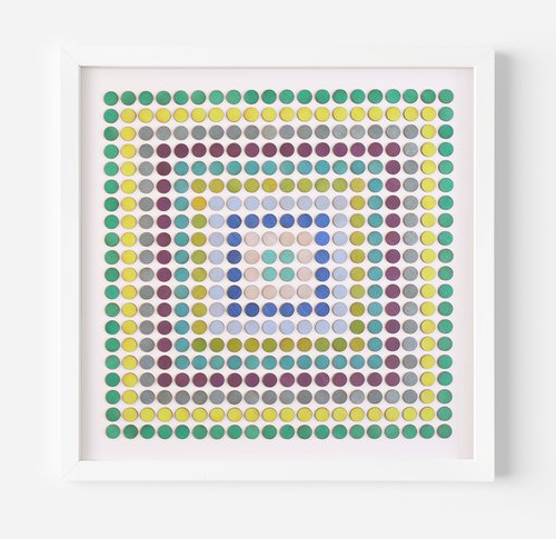 Abstract art wood dot collage 'concentric square of dots' by Amelia Coward