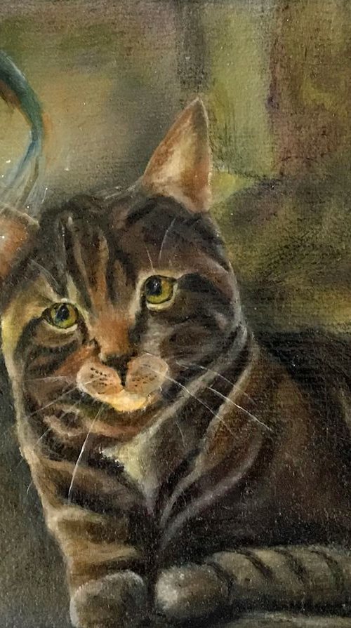 Let's Play Cat Original Oil Painting with more than 15 glazes for vivid realism fully framed by Mary Gullette