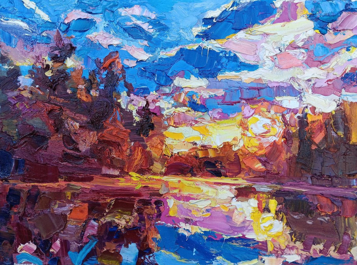 Impressionistic Landscape Oil Painting By Ruslan Khais, 24 X 18", Sunset, Original Artwork