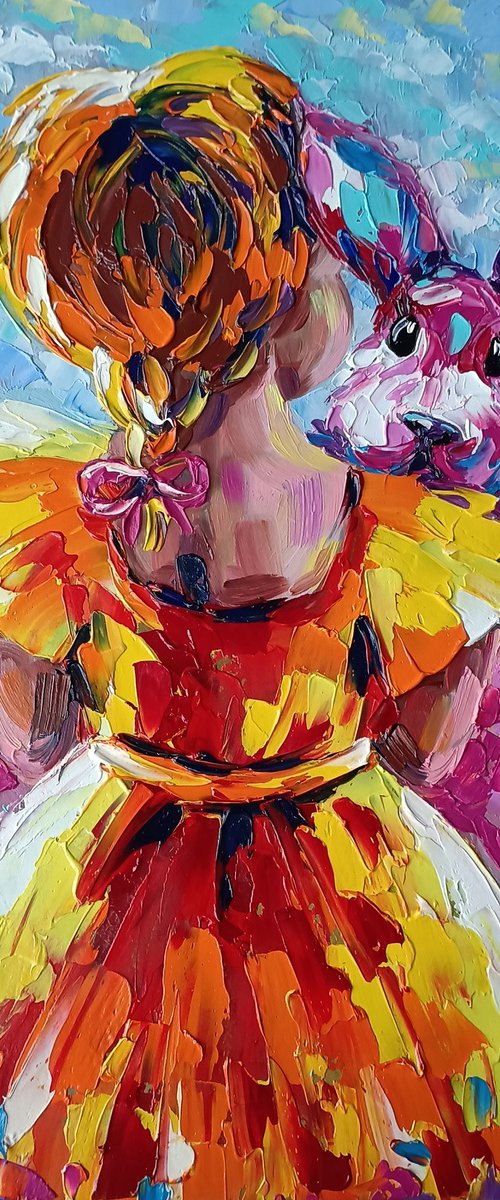 Little girl - childhood, child, oil painting, kids, girl, rabbit, for childs room, for kids, happy childhood, children by Anastasia Kozorez