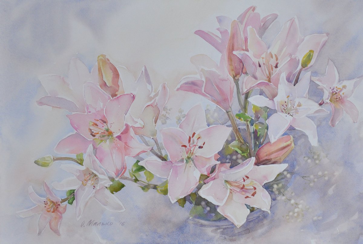 Evening lilies / Pink flowers Summer garden bouquet Floral watercolor Pink and grey by Olha Malko