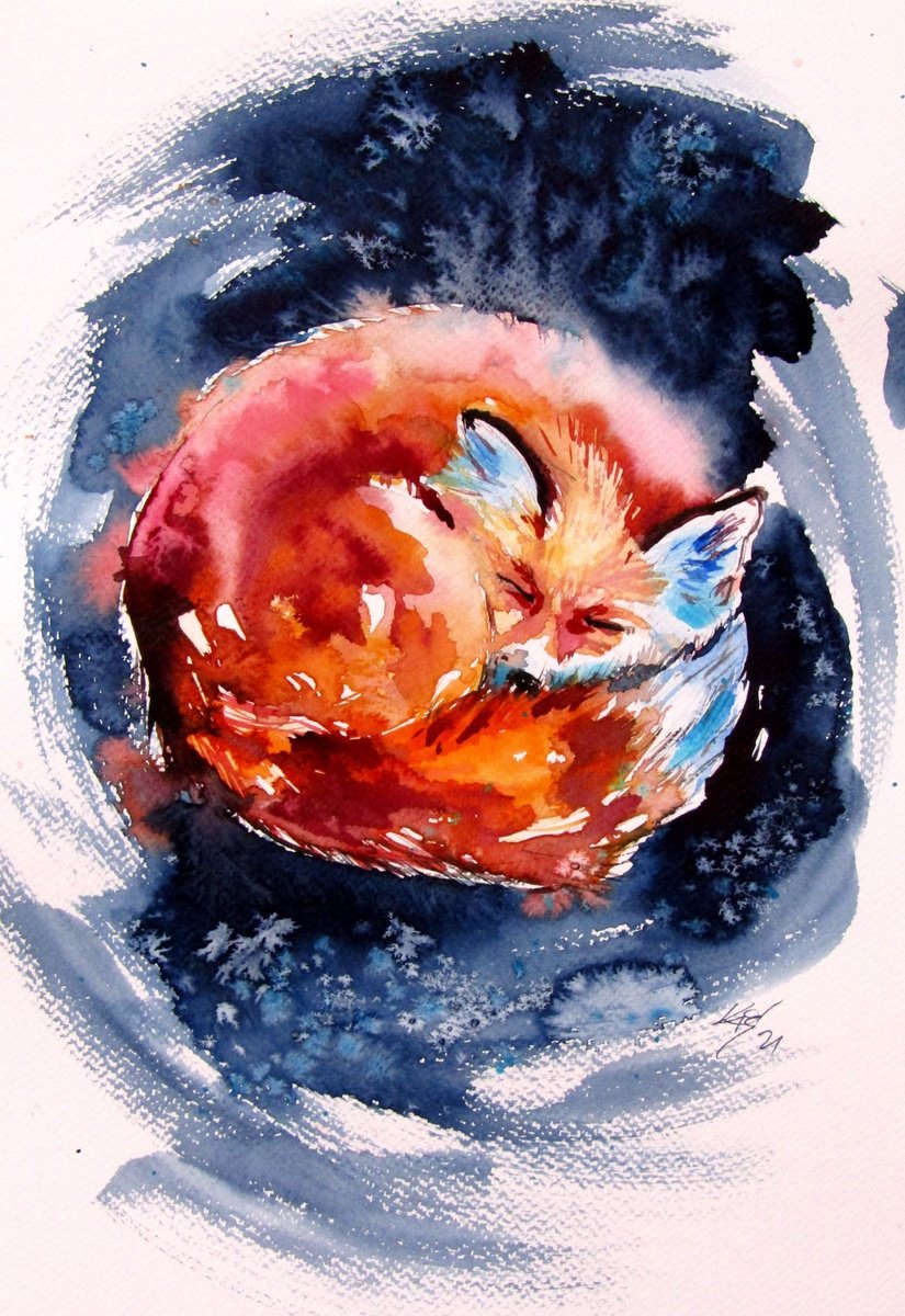 Impressionistic Animal Watercolour By Kovacs Anna Brigitta, 10 X 15", Sleeping Red Fox, Original Artwork