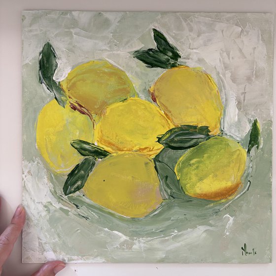 Still life bright lemons fruits palette knife