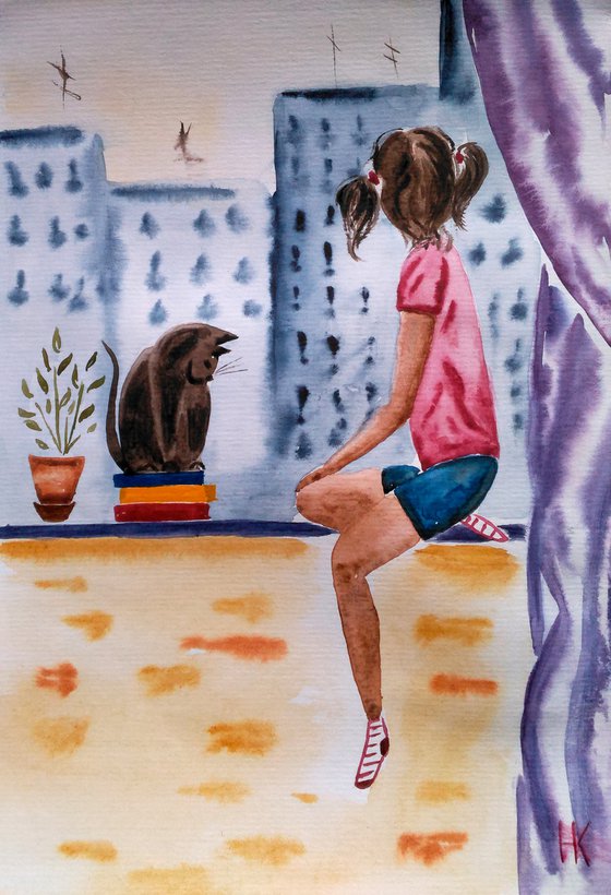 Little girl and cat original watercolor painting" Best friends"