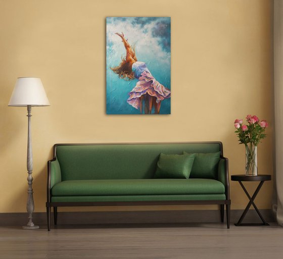 Happiness is near - oil painting, girl figure, large artwork